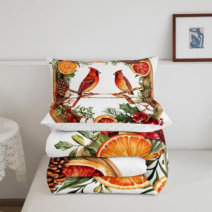 jejeloiu Kids Red Cardinal Comforter Set Full Size Christmas Theme Bedding Set for Boys Girls Teens Xmas Birds Animal Lemon Winter Wood Duvet Quilt Room Decor