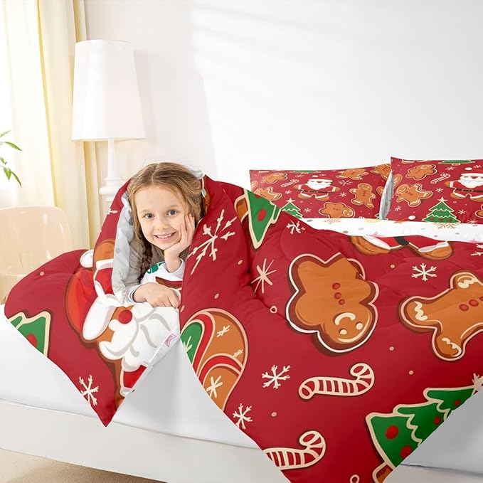Feelyou Christmas Kids Comforter Set Full Size Santa Bedding Set Gingerbread Man Duvet Quilt for Kids Boys Girls Bedroom Xmas Tree Snowflake Decor Microfiber Ultra Soft Breathable