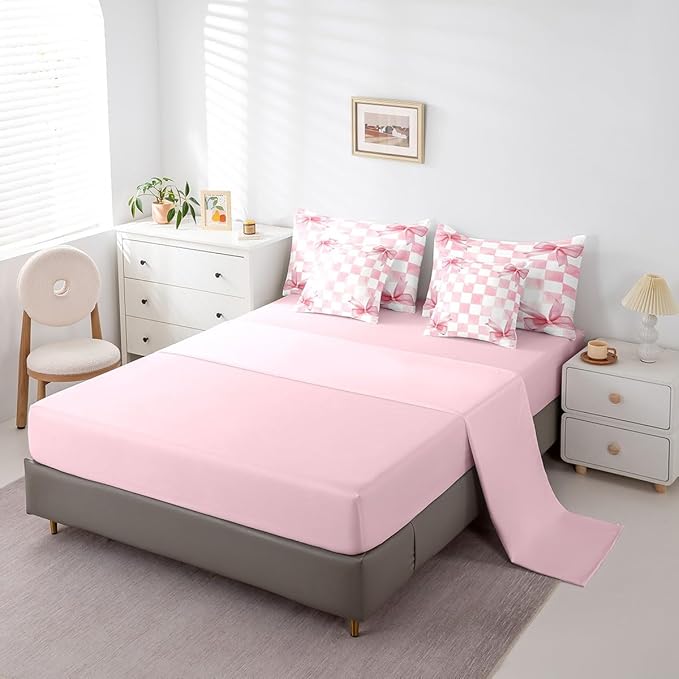 7 Pieces Pink Bowknot Kids Comforter Twin,Geometric Grid Checkered Patchwork Fashion Bedding Set,Bow Tie Knot Princess Chic Unique（Comforter+Fitted+Flat Sheet+2 Pillowcases+2 Throw Pillow Covers）