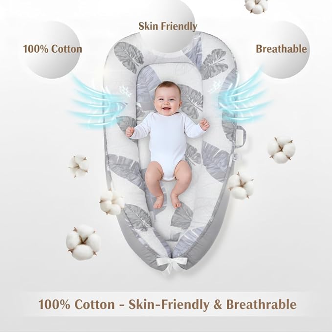 Baby Lounger – Infant Lounger for Newborn 0–24 Months, Baby Nest Lounger, Portable Newborn Lounger, Soft Breathable Cotton, Essentials for Babies at Home and Travel (Gray Feather)