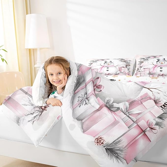 Feelyou Merry Christmas Comforter Set All Season Cute Snowman Bedding Set with 1 Pillow Cases Microfiber Kids Toddler Bedclothes Snowflake Bedroom Decor Duvet Quilt Breathable Soft