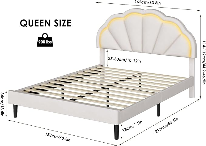 HIFIT Queen Upholstered Smart LED Bed Frame with Adjustable Chic Petal Headboard, Soft Princess Queen Size Platform Bed Frame for Girls, Wooden Slat Support, No Box Spring Needed, Easy Assembly, Beige