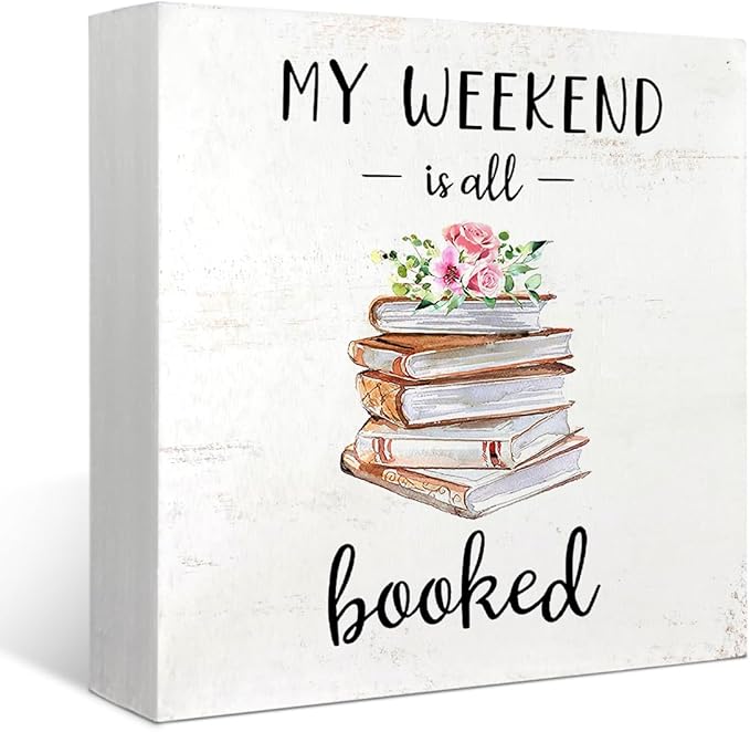 Mtrgdn Kids Bookshelf Decor,My Weekend is Booked Book Wood Desk Sign,Cute Small Bookshelf Reading Decor for Homeschool Library Tadder Reading Room Decorations,5x5 Inch