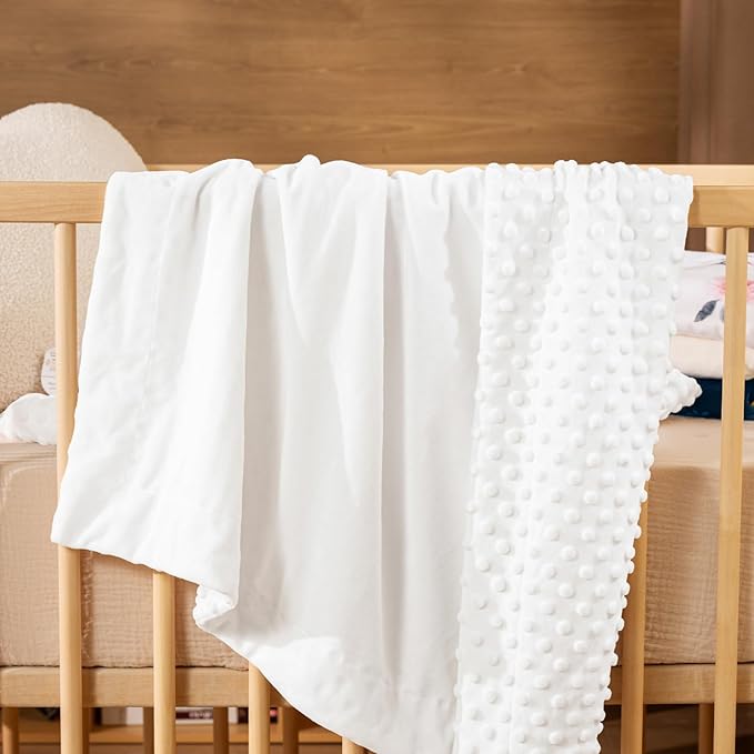 david's kids Micro Fleece Minky Baby Blanket for Boys Girls Neutral with Double Layer and Soothing Raised Dots, 40x50 Inches Breathable and Soft Lightweight Receiving Blanket for Newborns, White