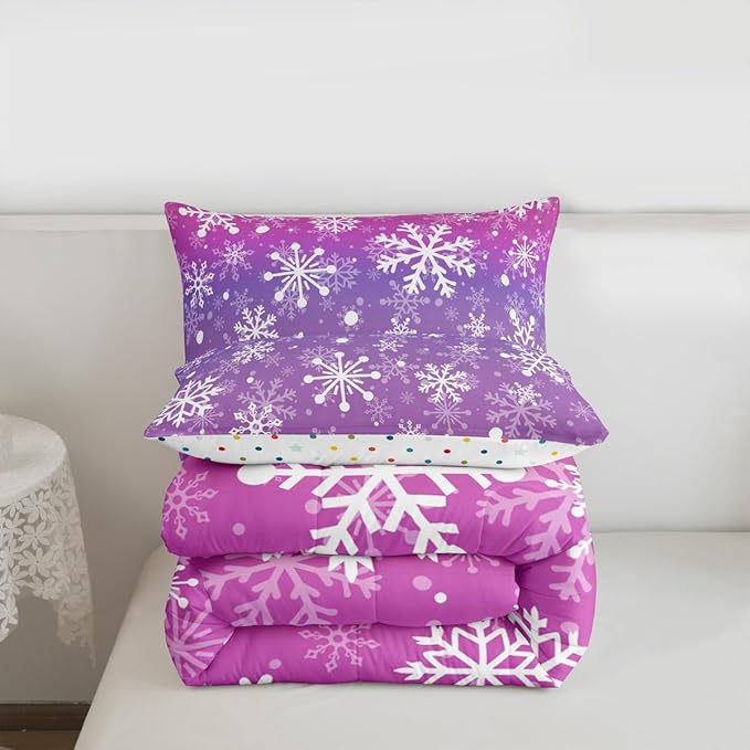 Feelyou Christmas Comforter Set All Season Pink Purple Bedding Set with 2 Pillow Cases Winter Snowflake Microfiber Kids Queen Bedclothes New Year Holiday Bedroom Decor Duvet Quilt Soft Lightweight