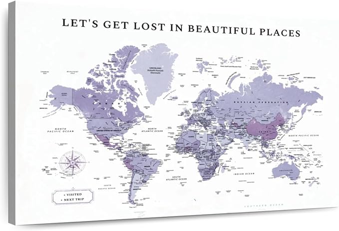 ElephantStock - Beautiful Places II Push Pin World Map Wall Art - Horizontal Canvas Wall Art - Living Room Wall Decor - Digital Art Map Canvas Art - White And Black Decor - 51" x 34"
