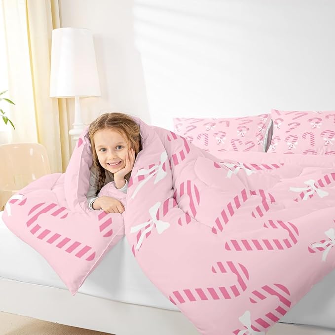 Feelyou Merry Christmas Comforter Set King Size Pink Candy Cane Bedding Set for Kids Boys Girls Bow Duvet Quilt Bedroom Decor Microfiber 3 Pcs with 2 Pillow Cases