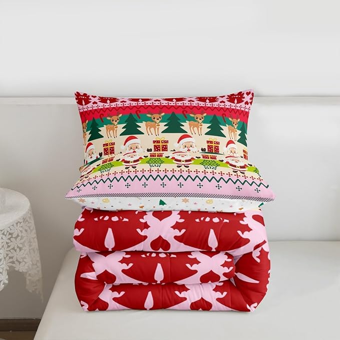 Feelyou Merry Christmas Comforter Set Queen Size Santa Claus Bedding Set for Kids Boys Girls Cute Deer Duvet Quilt Snowflake Bedroom Decor Microfiber 3 Pcs with 2 Pillow Cases