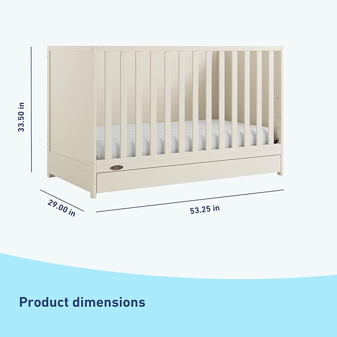 Graco Theo Convertible Crib with Storage Drawer (Frosted Oat) – GREENGUARD Gold Certified Wooden Baby Crib with Drawer, Converts to Toddler Bed, Fits Standard Crib Mattress