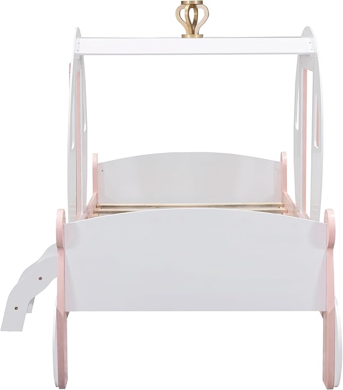 Cute Twin Size Princess Carriage Bed with Crown and Stair,Solid Wood Platform Car Bed Frame with 2 Doors,Headboard and Footboard,Safety Wood Slats for Kids Boys Girls (White+Pink-s18)