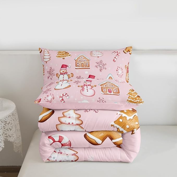 Feelyou Pink Christmas Kids Comforter Set Queen Size Snowman Bedding Set Gingerbread Man Duvet Quilt for Kids Boys Girls Bedroom Snowflake Candy Cane Decor Microfiber Ultra Soft Breathable