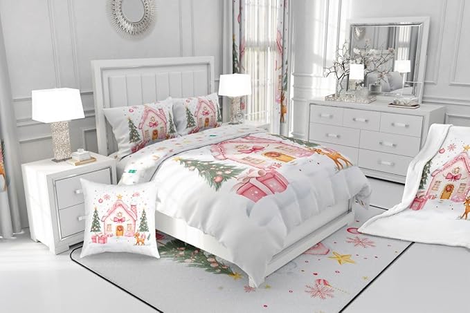 Feelyou Gingerbread House Bedding Set Soft for Boys Girls, Christmas Tree Comforter Set Full Size Reindeer Duvet Quilt Microfiber Snowflake Bedroom Decor Holiday Scene 3 Pcs with 2 Pillow Cases