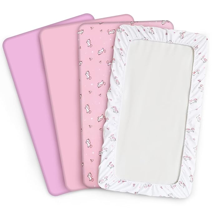 Girl Crib Sheets 4-Pack, Fitted Sheets 52'' x 28'' for Standard & Toddler Mattress, Soft Breathable Material, Neutral & Pink
