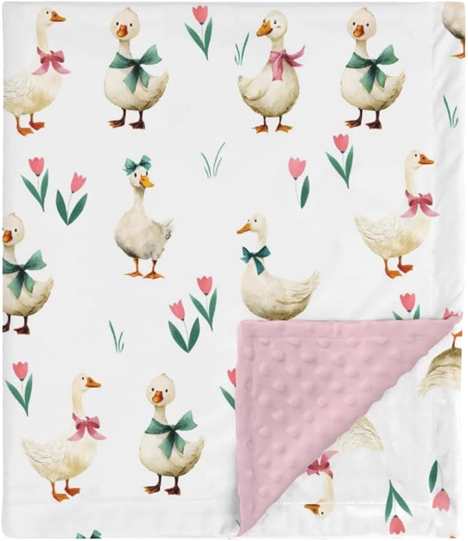 HawSkgFub Goose Pink Bow Ribbon Mink Baby Blankets with Dotted Backing Girls Shower Gift, Farm Animal Tulip Flower Double Layer Nursery Swaddle, Soft Newborn Infant Toddler Bed Crib Bedding 30 x 40