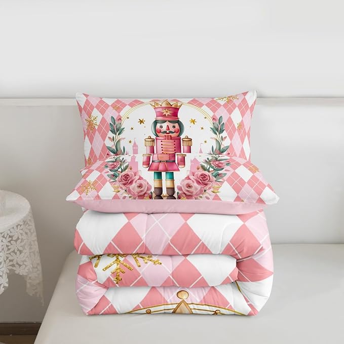 Feelyou Christmas Comforter Set Toddler Size Pink Nutcrackers Bedding Set for Kids Boys Girls Rhombus Pattern Duvet Quilt Floral Bedroom Decor Snowflake Microfiber 2 Pcs with 1 Pillow Cases