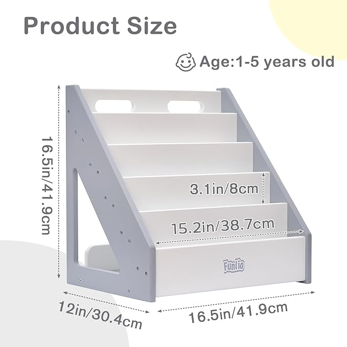 FUNLIO Montessori Bookshelf for Toddlers 1-5 Years, Front-Facing Kids Bookcase with Handle & Anti-Tilting Device, Premium Pine Baby Bookshelf, Children's Bookcase for Nursery/Classroom - Grey & White