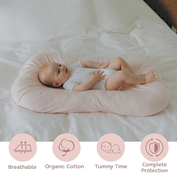 Aila + Aiden Baby Lounger | Organic Cotton Infant Lounger | Adjustable & Portable Floor Lounger | Supervised Use | Soft, Breathable, Washable Cover - Snuggle Collection - (Pink)