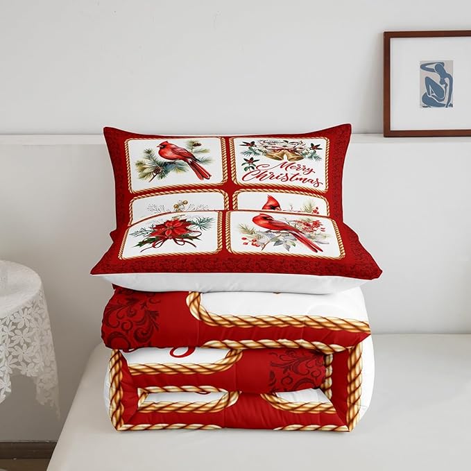 Castle Fairy Christmas Full Size Comforter Set,Xmas Cardinals Floral Bells Checkered Bedding Comforters Bedroom Collection,Cute Bird Watercolor Red Geometric Bedding Set for Girls Teens