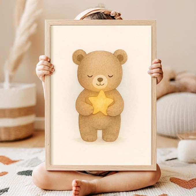 XBQZFLHT 3Pcs Bear Nursery Wall Art Teddy Bear Moon and Stars Canvas Prints Cute Animal Sleeping on the Moon and Cloud Neutral Baby Room Decor Pictures for Boys and Girls 8x10in Unframed
