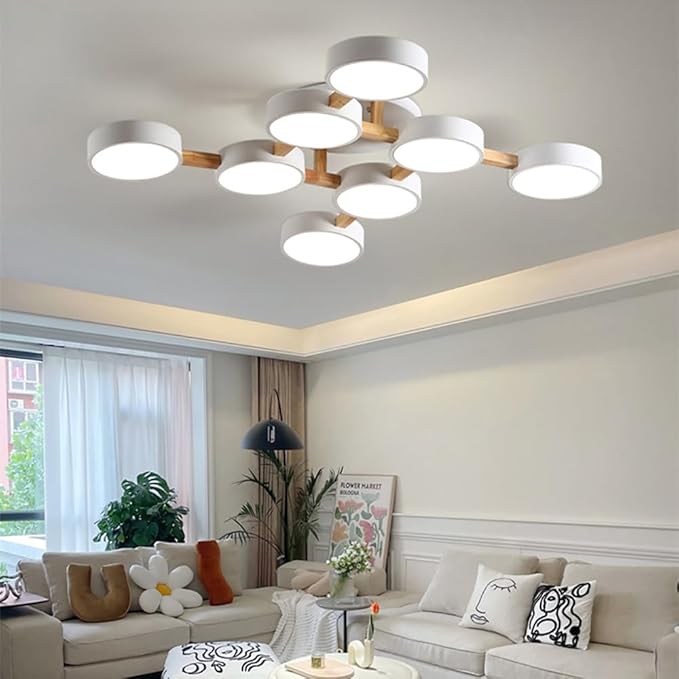 LED Flush Mount Ceiling Light Fixture with 3000K/4000K/6000K Temperatures Selectable,44Inch 96W Chandelier Modern Wood Ceiling Lamp for Bedroom Kitchen, 8-Lights Indoor Lighting White Pendant Light