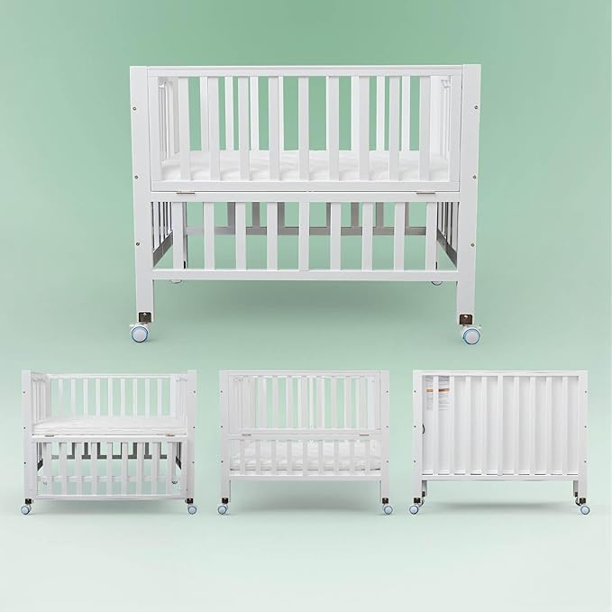 Foldable Mini Baby Crib - Portable 4-in-1 Convertible Baby Cribs,Pine Wood Bedside Bassinet,3 Heights Bassinet Bedside Sleeper with A Sponge Mattress,Wheeled,White