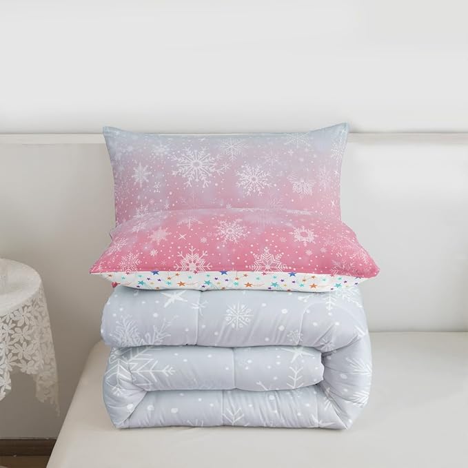 Feelyou Christmas Comforter Set Full Size Winter Snowflake Bedding Set for Kids Boys Girls Blue Pink Gradient Duvet Quilt Bedroom Decor Microfiber 3 Pcs with 2 Pillow Cases