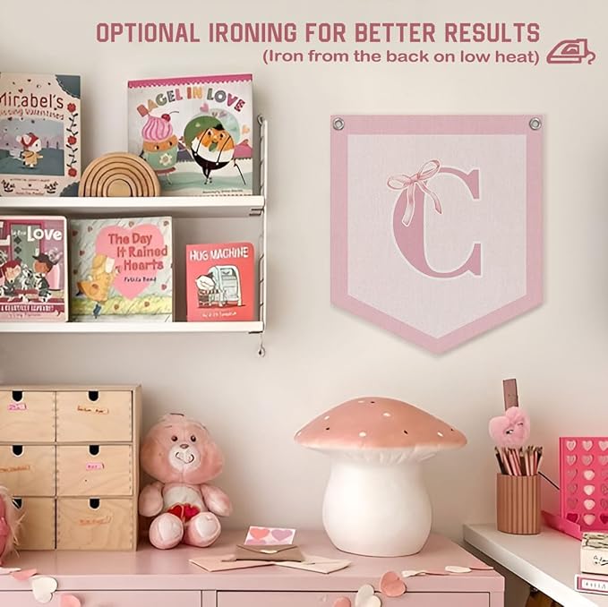 Lacama Initial Personalized Preppy Banner, Baby Girl Nursery Shower Decor Gifts, Coquette Pink Bow Teen Girl Gifts, Vintage Room Decor Toddler Room Bedroom Playroom Front Door Birthday Gift(C)