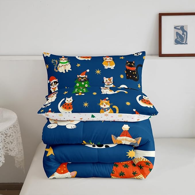 Erosebridal Merry Christmas Kids Cartoon Bedding Set King Size Cute Cat Comforter Set Xmas Tree Quilts for Teens Boys Girls Room Decor,Kawaii Animals Duvet Insert,Blue