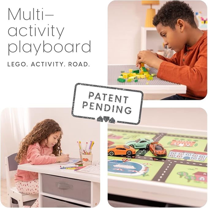 Milliard Kids 3-in-1 Play Table and Chair Set Wood with Storage Baskets, Compatible with Lego and Duplo Bricks, Activity Table Playset Furniture with Modern Gray Colors