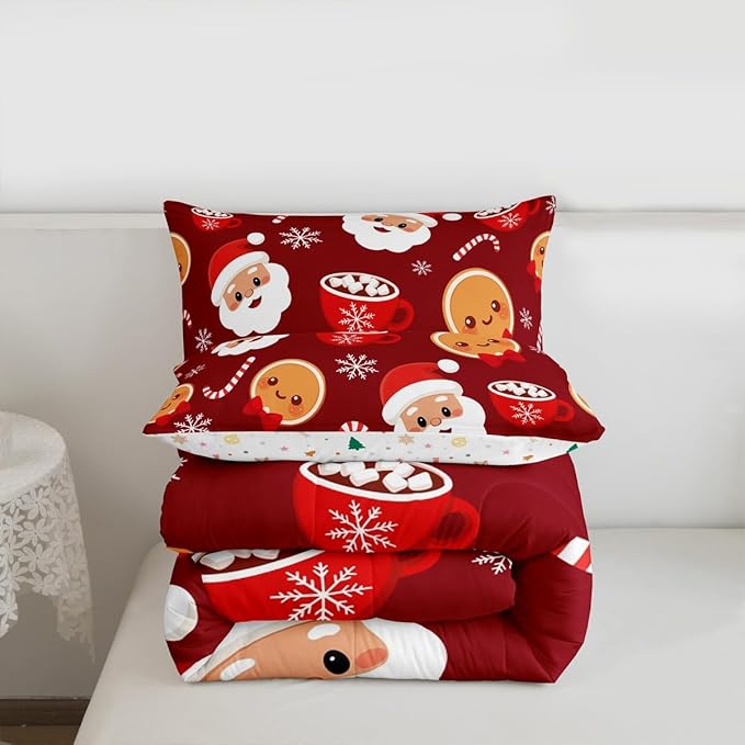 Feelyou Merry Christmas Comforter Set Full Size Santa Claus Bedding Set for Kids Boys Girls Gingerbread Man Duvet Quilt Snowflake Bedroom Decor Microfiber 3 Pcs with 2 Pillow Cases