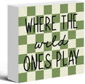 Where The Wild Ones Play Wood Box Sign Desk Decor 5X5, Nursery Kids Room Wooden Block Sign Decorations for Playroom Toddler Boys Girls Room Wall Tabletop Shelf Decor