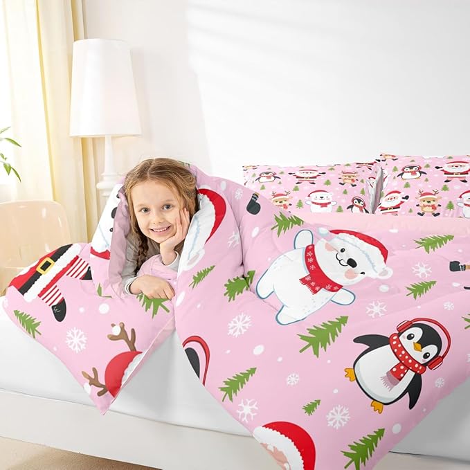 Feelyou Pink Christmas Bedding Set Soft for Boys Girls, Santa Claus Comforter Set Queen Size Penguin Deer Duvet Quilt Microfiber Xmas Snowflake Tree Bedroom Decor 3 Pcs with 2 Pillow Cases