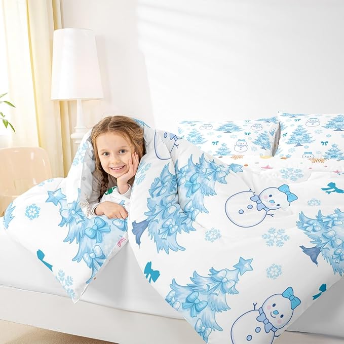 Feelyou Merry Christmas Bedding Set Soft for Boys Girls, Cute Snowman Comforter Set Toddler Size Cartoon Bowknot Duvet Quilt Microfiber Christmas Tree 2 Pcs with 1 Pillow Cases