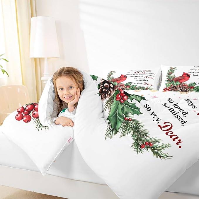 Red Cardinal Kid Comforter Set Queen Size,Christmas Bird Holly Pinecone Bedding Set,Girl Boy Room Decor,Poinsettia Animal Quilt Comforter,White Red Green Duvet Set Bedroom Quilt Set,2 Pillowcases