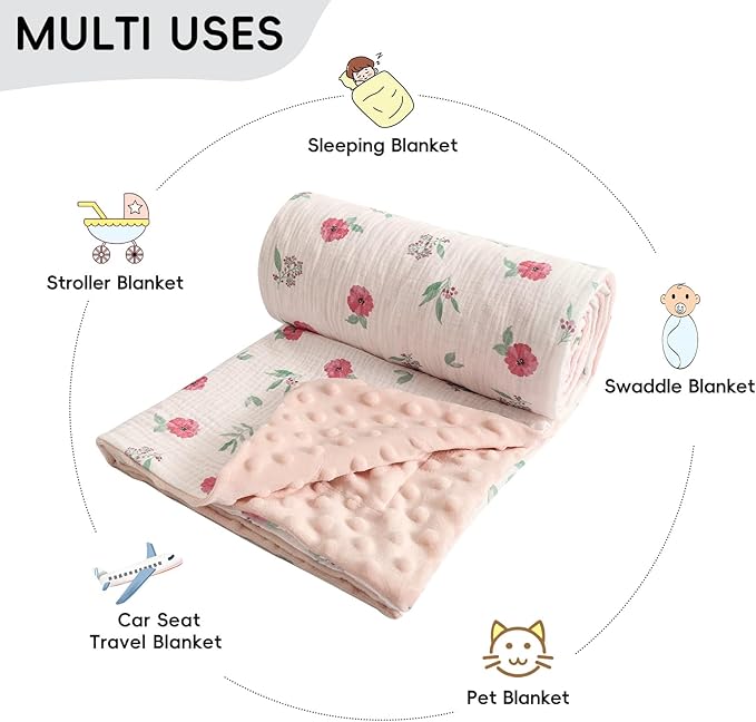david's kids Muslin Minky Baby Blanket for Girls with Muslin Cotton Front and Dotted Fleece Backing, Breathable and Soft Lightweight Receiving Blanket for Newborns, 30x40 Inches, Pink Floral