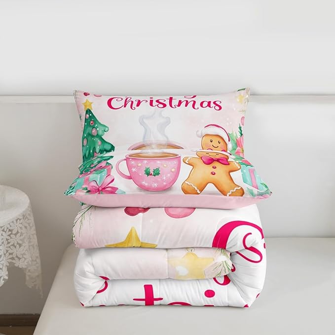 Feelyou Merry Christmas Bedding Set Soft for Boys Girls, Christmas Decor Comforter Set King Size Gingerbread Man Duvet Quilt Microfiber Xmas Bedroom Decor 3 Pcs with 2 Pillow Cases