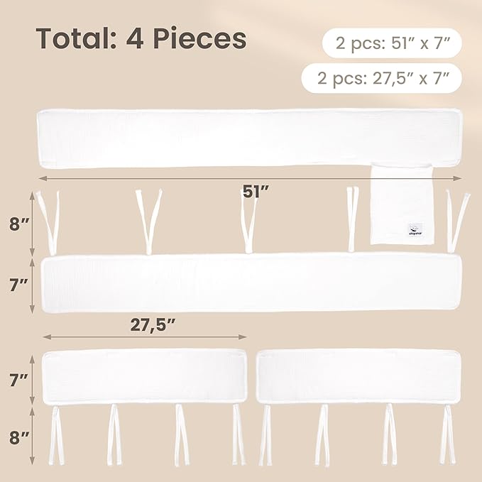 CHIPCHIP 4-Pack Cotton Muslin, 2 Long Panels 51"x7" + 2 Short Panels 27.5"x7"