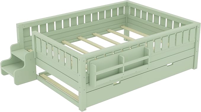 Bellemave Full Size Kids Bed with high Rails and with Built-in Bookshelf and Trundle for Kids, Girls, Boys, Wood Montessori Bed Without Door, Avocado Green