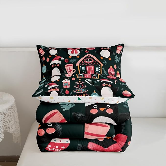 Feelyou Christmas Kids Comforter Set Twin Size Xmas Tree Ball Bedding Set Penguin Duvet Quilt for Kids Boys Girls Bedroom Gingerbread Houses Decor Microfiber Ultra Soft Breathable