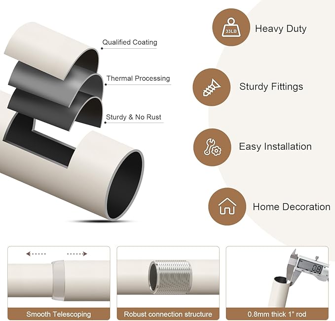 Modern White Curtain Rods for Windows 72 to 144 Inches Adjustable Length Heavy Duty 1" Diameter Window Curtain Rod with Decorative Finials for Outdoor Farmhouse Bedroom Kitchen Living Room