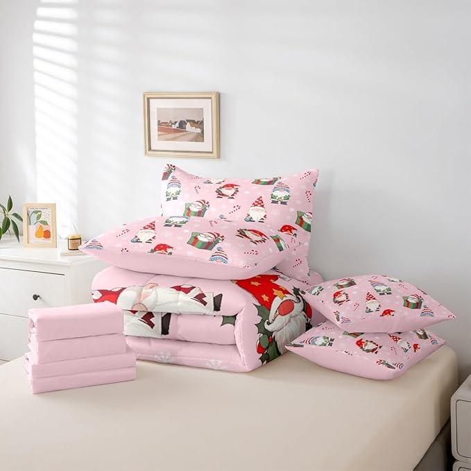 Feelyou Christmas Gnomes King Comforter Set with Sheets for Kids Boys Girls Cute Snowflakes Candy 7 Pieces Bedding Set Santa Claus Bed in a Bag Reversible Xmas Pink Decor Room Decor Soft Lightweight