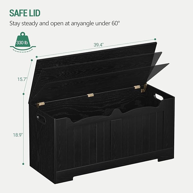 43.3" Storage Chest, Extra Large Storage Bench Trunk with 2 Hinges, Wooden Box, Lift-Top Chest Organizer, Shoe Bench for Entryway, Bedroom, Living Room, Black SB25504X