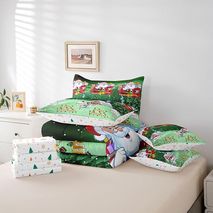 Feelyou Santa Claus Printed Bed Set Christmas Decorations Bed in a Bag for Kids Boys Girls Galaxy Blue Cute Decor Comforter Set with Sheets Snowman Snowflake Bedding Set Bedroom Collection King Size