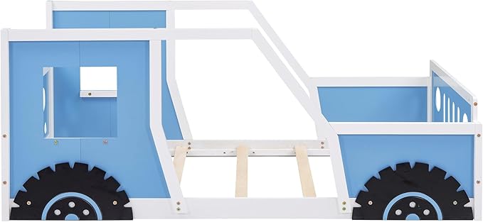 Twin Size Car Bed, Wood Floor Bed Frame with Headboard & Footboard and 4 Side Rails, Kids Racecar Bed for Boys Girls Teens, Blue