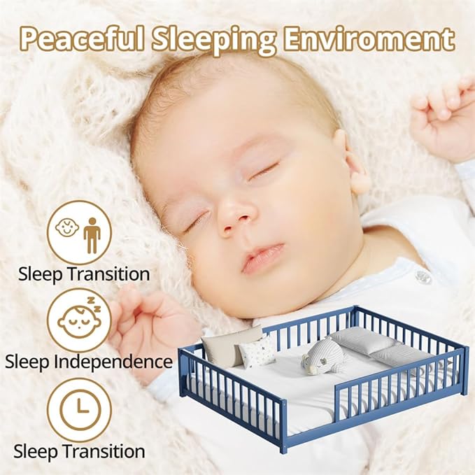 i-POOK Full Floor Bed Frame with Wood Slats, High Fence & Small Door, Pinewood Montessori Floor Bed for Girls and Boys, Mist Blue