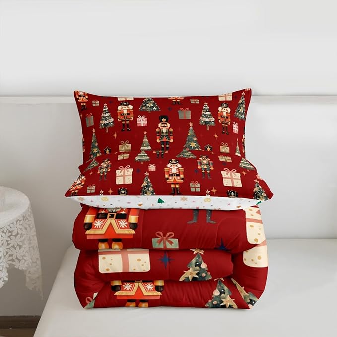 jejeloiu Xmas Nutcracker Comforter Set Queen Size Christmas Red Bedding Set for Kids Boys Girls Cute Snowflakes Duvet Quilt Bedroom Decor