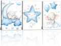 Nursery Wall Art Baby Boy Wall Decor Blue Elephant Moon and Stars Painting Prints Cute Animal Canvas Poster for Kids Room Decor Framed(Baby-2,20L x 28W x 3Pcs)