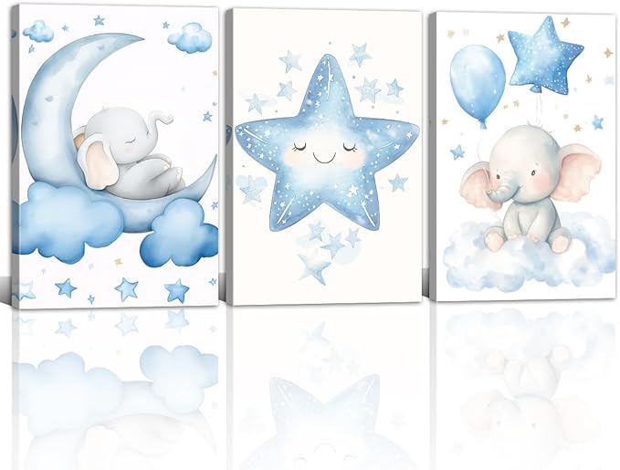 Nursery Wall Art Baby Boy Wall Decor Blue Elephant Moon and Stars Painting Prints Cute Animal Canvas Poster for Kids Room Decor Framed(Baby-2,24L x 36W x 3Pcs)