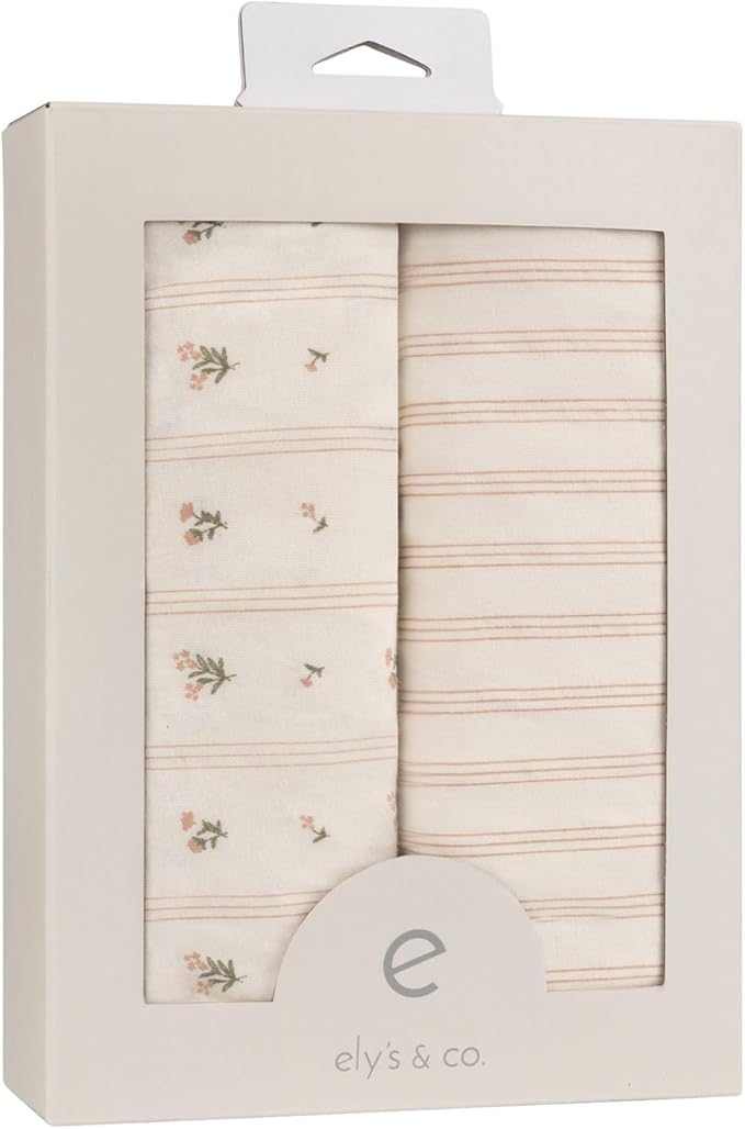 Ely's & Co. Bassinet Sheets, Baby Girl Fitted Bassinet Mattress Sheet Set - 2 Pack, 100% Jersey Knit Cotton, fits Oval, Hourglass and Rectangle Mattress, Pink Linear Floral Collection, 32”x16”x3”
