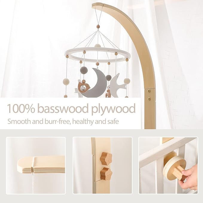 Wooden Crib Mobile Arm | Baby Crib Mobile Arm Wooden Holder | Rotatable Adjustable Anti Slip Attachment Clamp for Sturdy Mobile Hanger (Curved Arm)